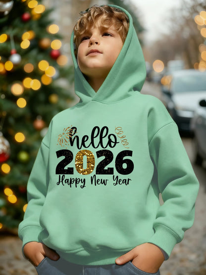 Boys' 2026 New Year Hooded Sweatshirt - Hello 2026 Happy New Year Lettering, Mint Green with Golden Accents, Loose Fit Long Sleeve Pullover for Boys