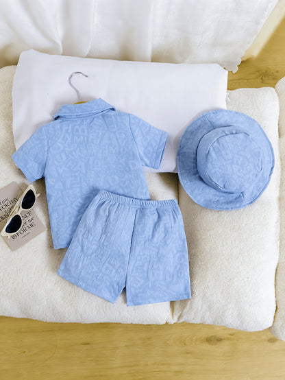 Boys' Summer Casual 3D Letter Print Shirt & Shorts Set with Hat