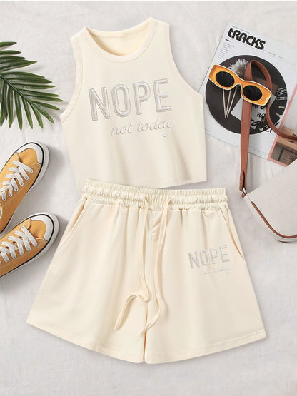 Casual Printed Vest and Shorts Set with Drawstring Pockets