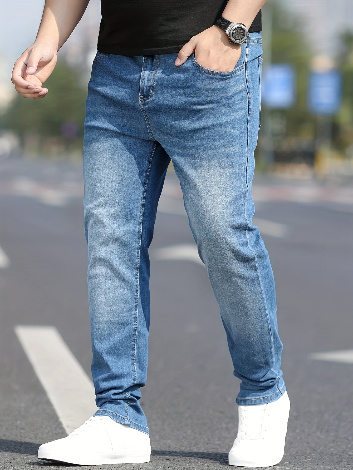 Men's Washed Jeans - Solid Color Casual Straight-Look Pants, Machine-Washable All-Season Fit for Casual Attire & Smart-Casual Outfits (Regular Length) - ayq