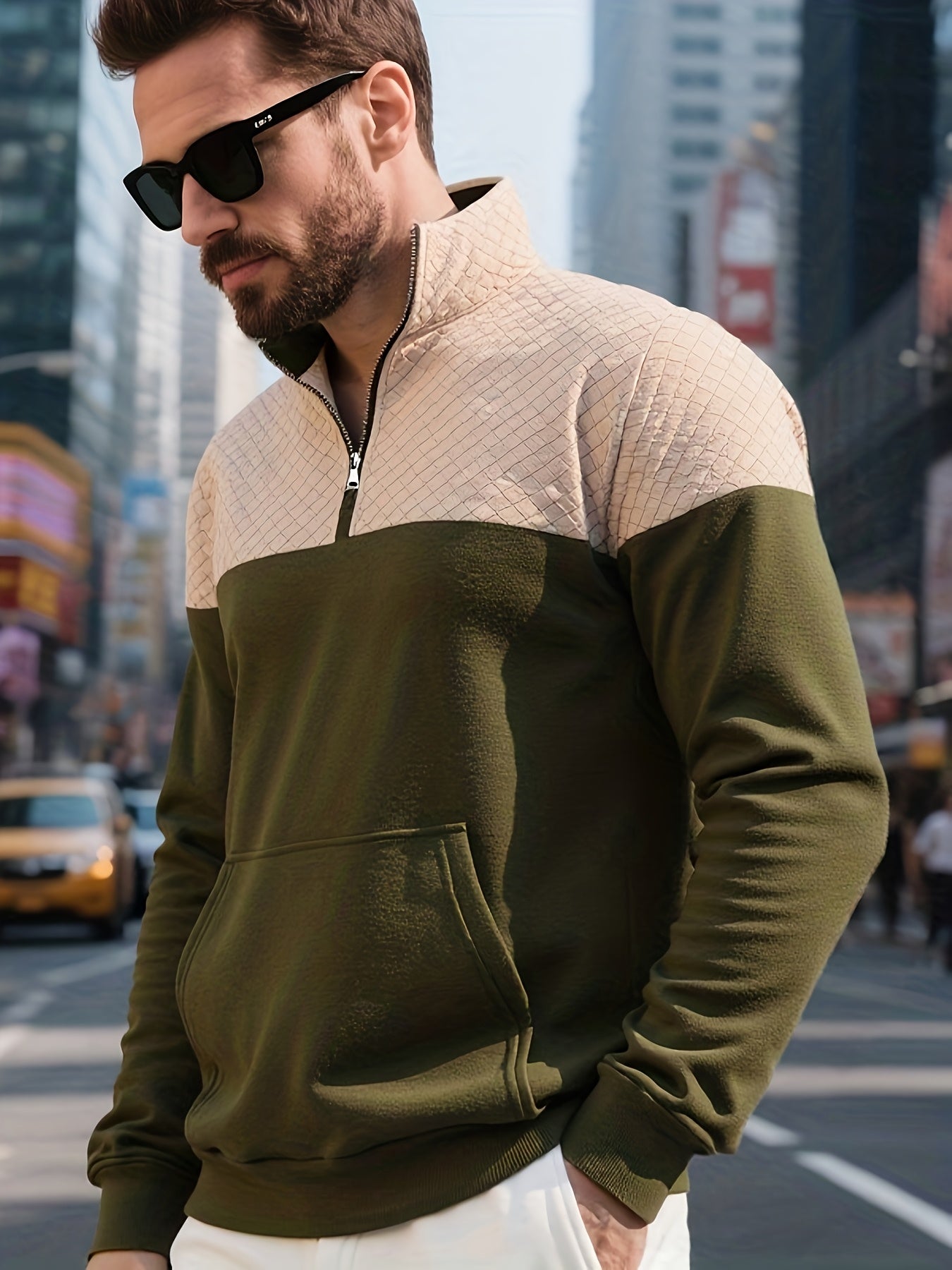 Men's Casual Half-Zip Color Block Sweatshirt with Kangaroo Pocket - ayq