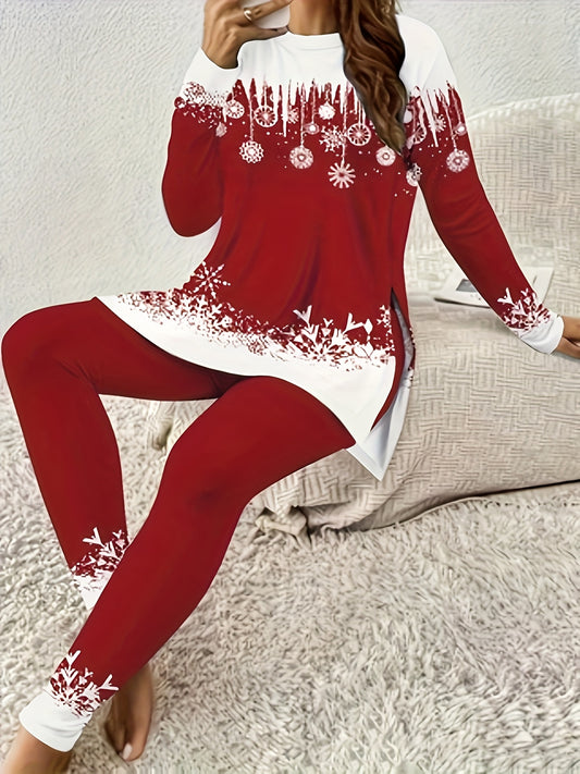 Women's long-sleeved round neck top with side slit and fitted trousers set, red white color block design. Romantic winter theme outfit featuring sparkling snowflake patterns in a cutout style for an energetic look. Made of st