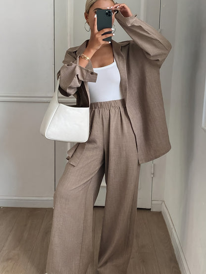 Elegant Women's Loose Two-Piece Set with Solid Polyester Pants