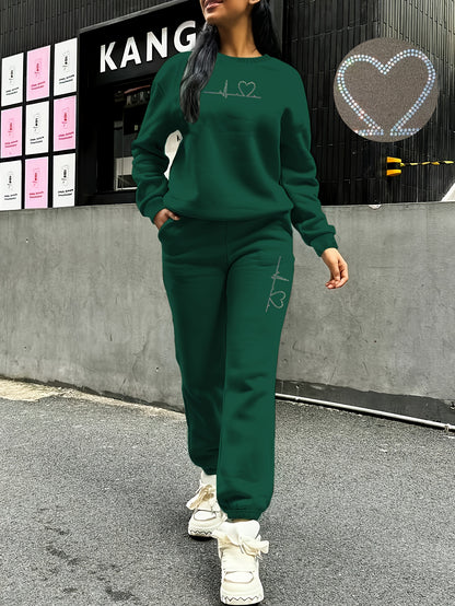Women's Fleece Sweatsuit Set with Heart Print for Fall/Winter - ayq