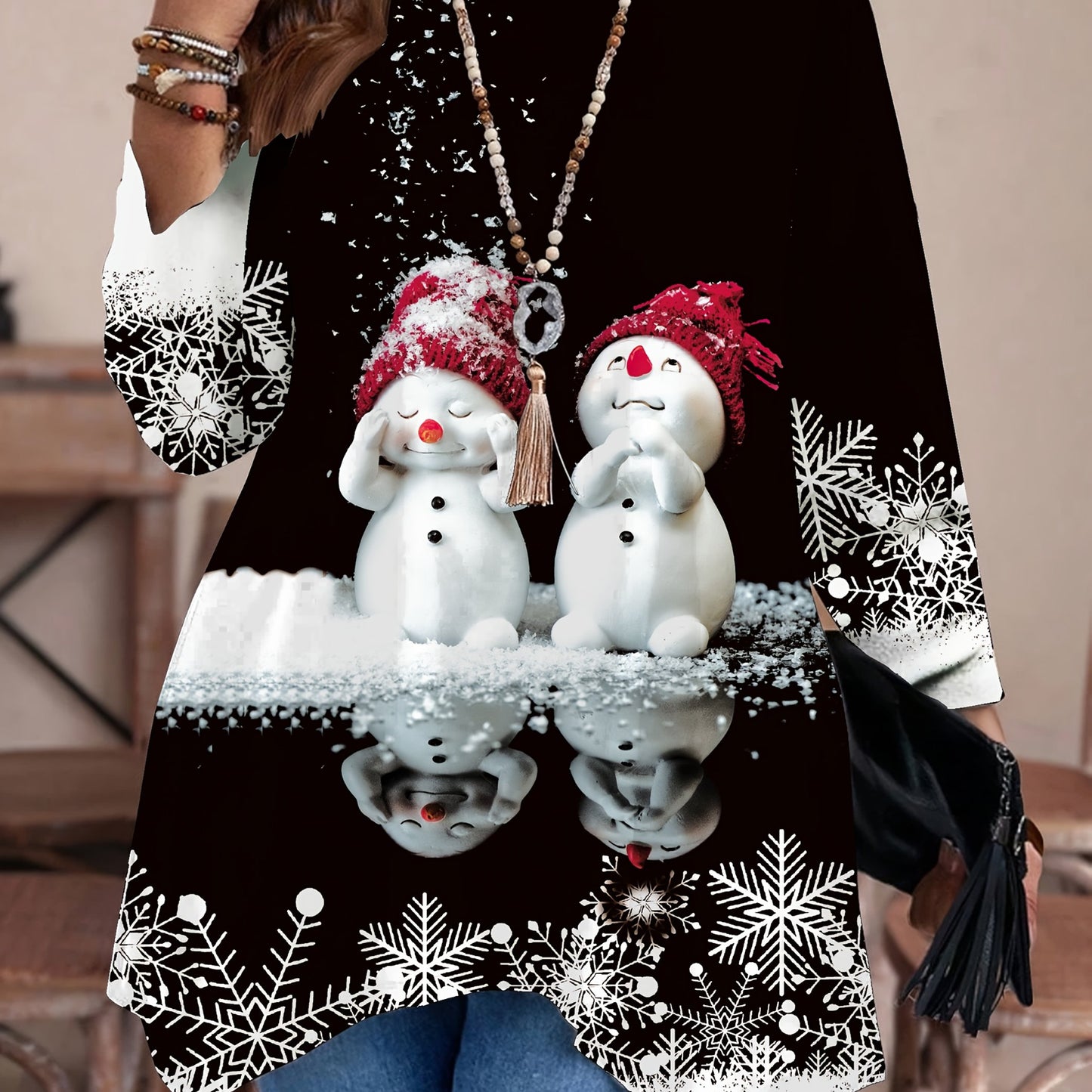 Plus Size, Plus Size Women's Elegant Snowman Print Long Sleeve T-Shirt - Asymmetrical Hem Winter Sweater-like Blouse, Stretchy Round Neck Top for Christmas Party, Casual & Semi-Formal Wear, Machine Washable (Black/White Snowf