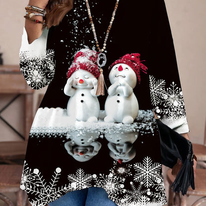 Plus Size, Plus Size Women's Elegant Snowman Print Long Sleeve T-Shirt - Asymmetrical Hem Winter Sweater-like Blouse, Stretchy Round Neck Top for Christmas Party, Casual & Semi-Formal Wear, Machine Washable (Black/White Snowf