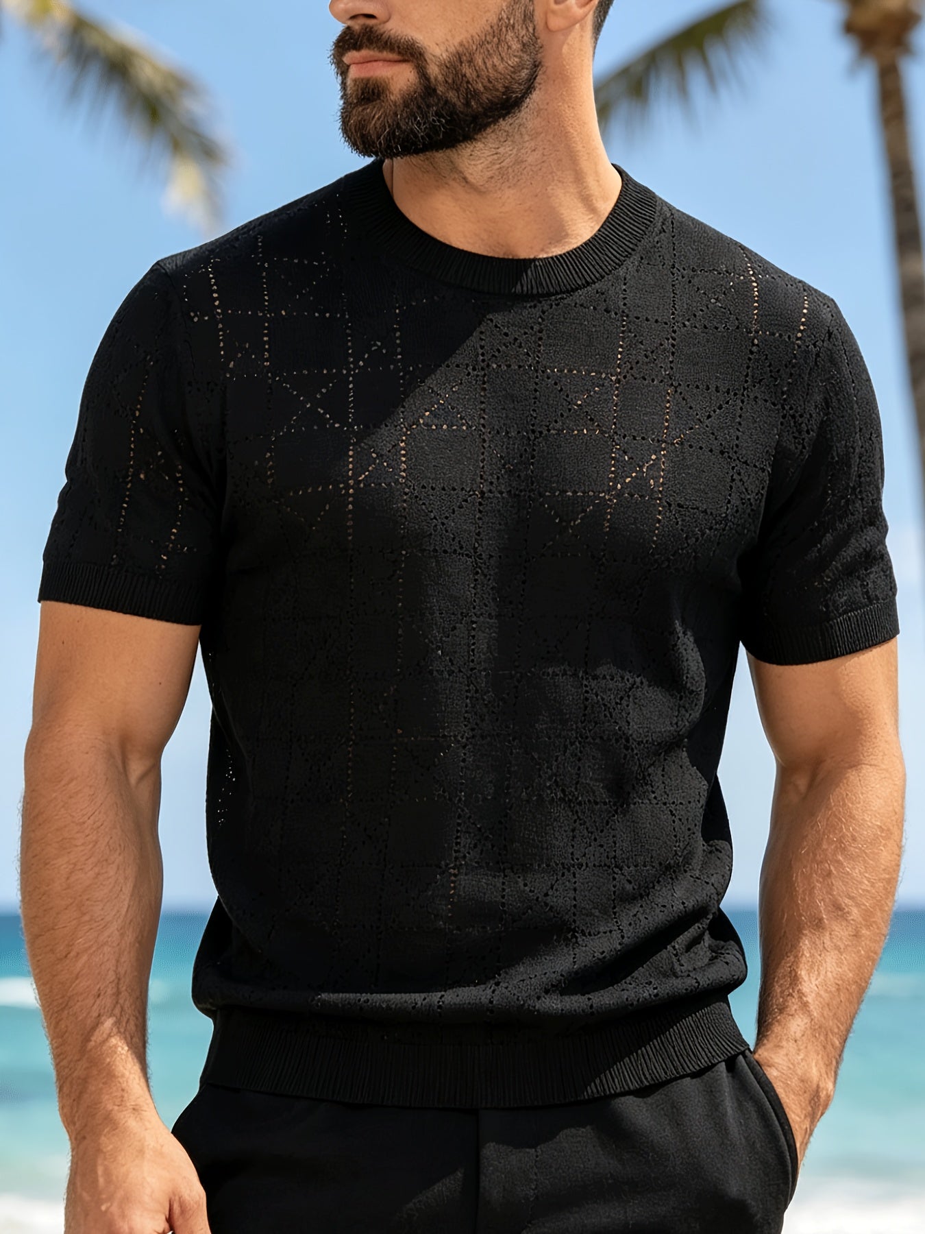 Men's Loose Fit Short Sleeve Hollow Knit Crew Neck Top
