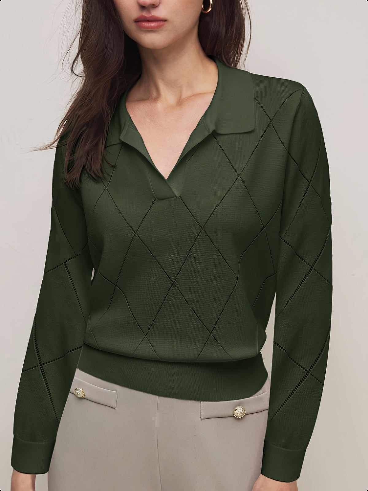 Elegant Women's Polo Neck Argyle Sweater with Loose Fit