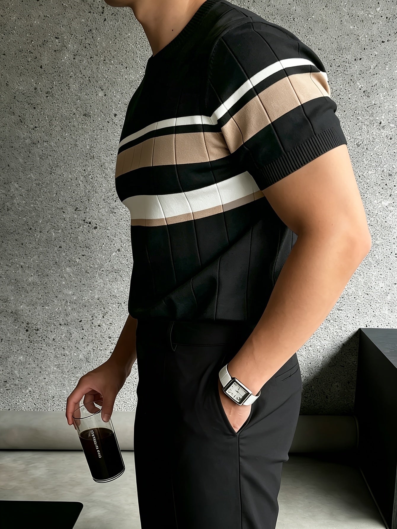 Men's Color Block Knit Pullover Short Sleeve Crew Neck