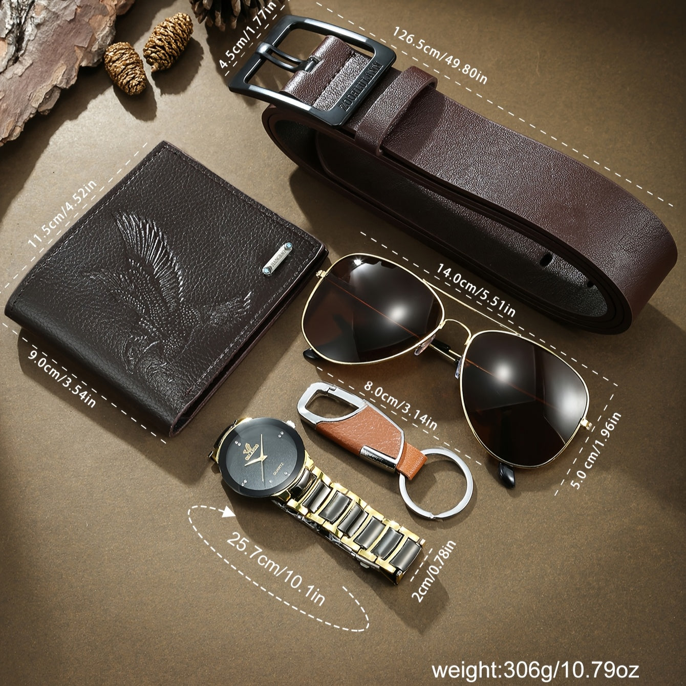 5pcs Men's Luxury Quartz Watch & Accessory Gift Set Compatible for - Full Collection: Belt, Glasses Case Wallet, Keychain - - Analog Watch with Quartz Movement, Elegant Multi-Accessory for Him (, Anniversary, Graduation)