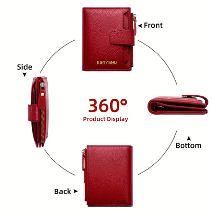 BANYANU Women'S Genuine Faux Leather Wallet - Red Lychee Grain Texture, Multi-Card Slots, Zippered Coin Pocket, Detachable ID Window, Compact Design for Everyday Use, Secure Coin Storage | Stylish Wallet | Synthetic