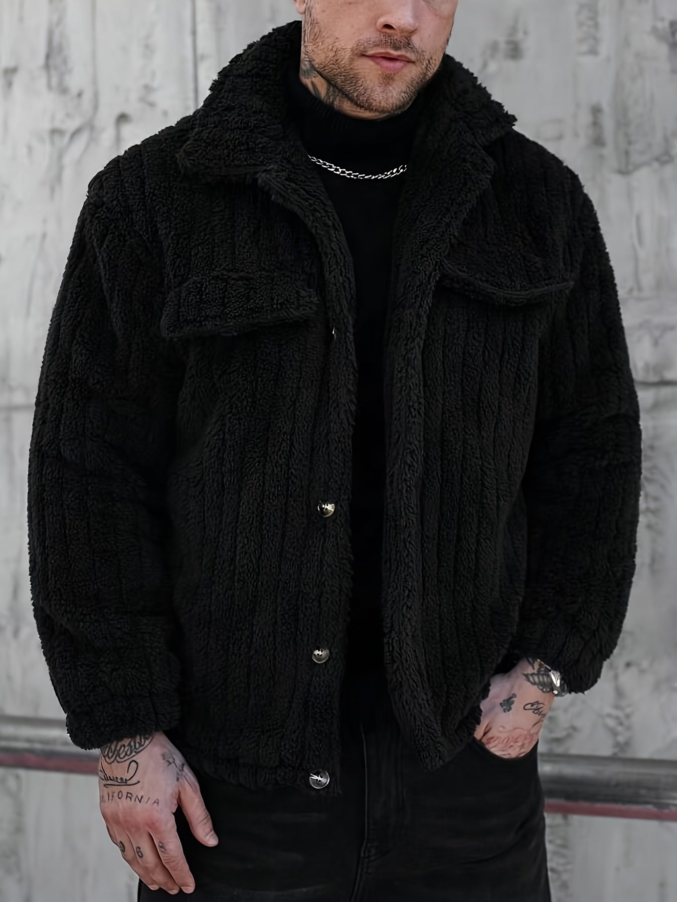 Men's Winter Jacket with Black & White Striped Collar & Single-Breasted Button Front - Soft Short Pile Outer Coat, Machine Washable Casual Outerwear for Cold Weather, Formal & Everyday Use (No), Casual Winter Jacket Men, Ligh