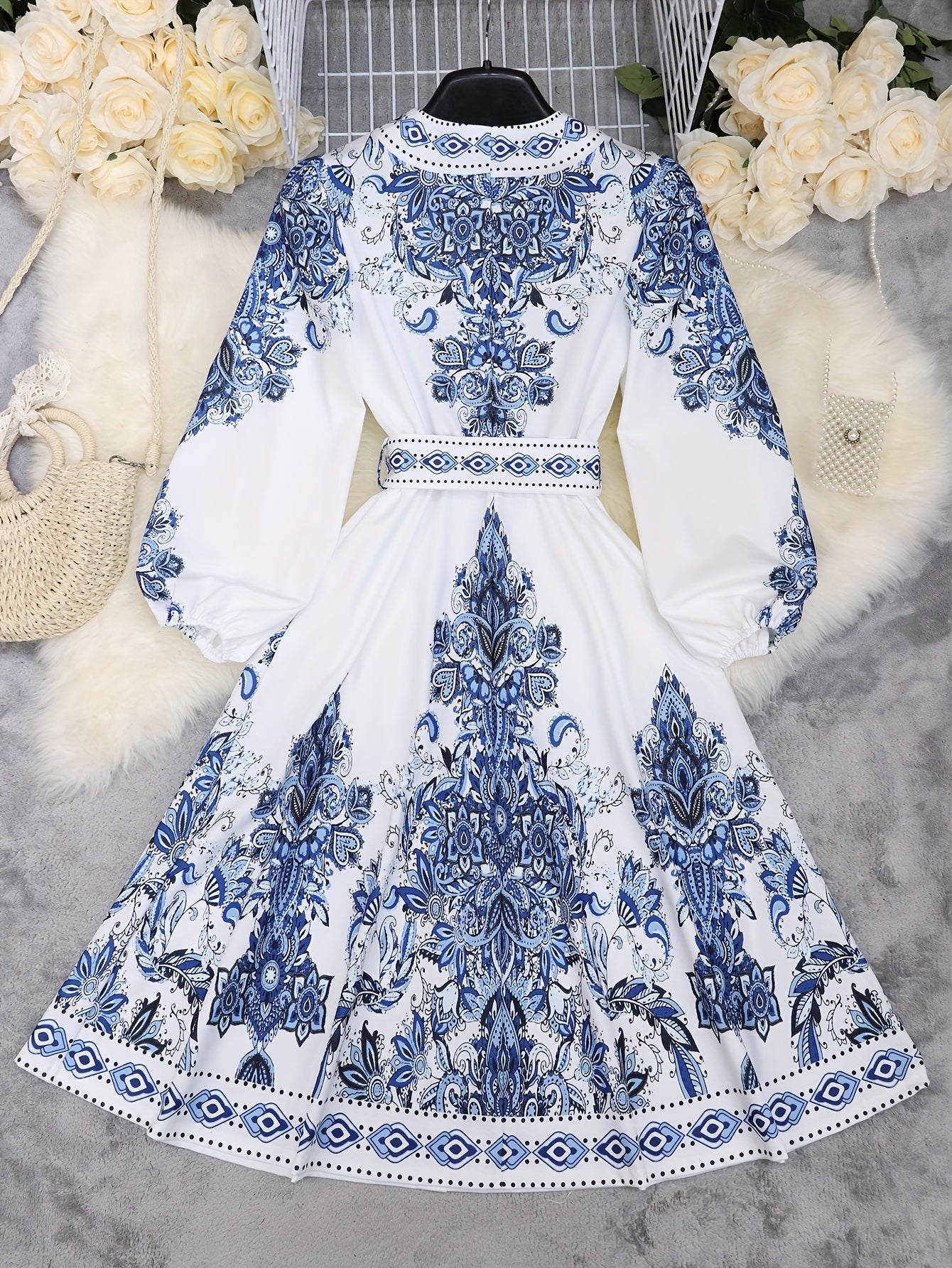 Holiday Cheer] Women's Bohemian Floral Print Half-Sleeve Midi Dress with Belt - V-Neck, Lightweight Polyester, Perfect for Summer Vacations, Casual Summer Wear|Print Casual Dress|Lightweight Dress, Holiday Dress