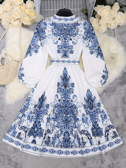 Holiday Cheer] Women's Bohemian Floral Print Half-Sleeve Midi Dress with Belt - V-Neck, Lightweight Polyester, Perfect for Summer Vacations, Casual Summer Wear|Print Casual Dress|Lightweight Dress, Holiday Dress