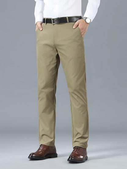 Men's Classic Business Casual Pants - Polyester, Solid Color, Regular Fit for All Seasons