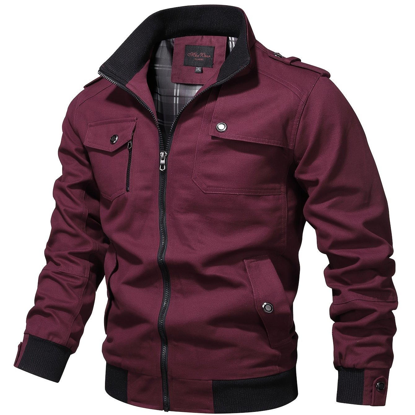 Men's Casual Bomber Jacket, Cotton Stand Collar Windbreaker Jacket With Pockets For Fall Winter