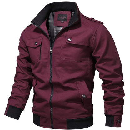 Men's Casual Bomber Jacket, Cotton Stand Collar Windbreaker Jacket With Pockets For Fall Winter