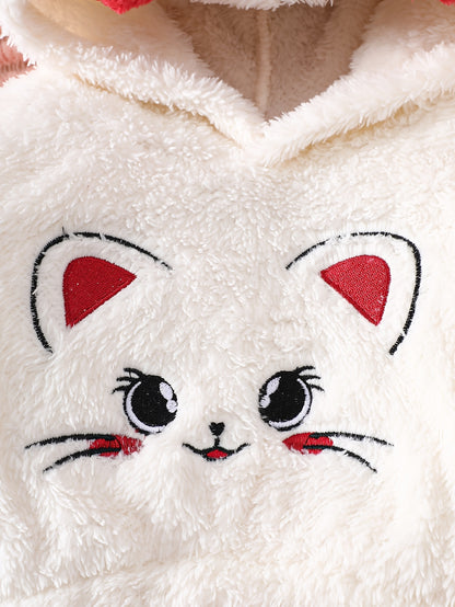 Girls' Cute Cartoon Cat Print Hooded Sweatshirt & Pants Set - Soft Plush Fleece, Pink &, Perfect for Outdoor Play & Daily Wear, Ideal Gift for Newborns, Outdoor Play Clothes, Playful Design, Comfortable Clothing, For Outdoor