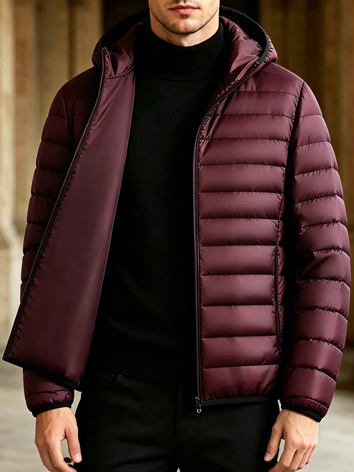 Men's Casual Hooded Padded Coat - Warm Polyester Outerwear