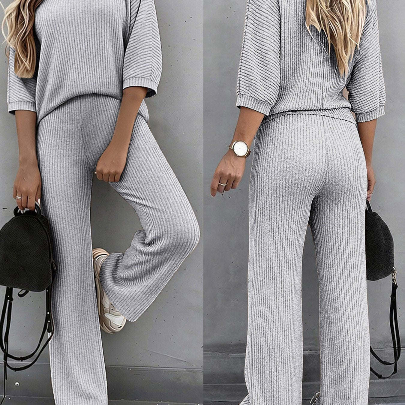 A Two-Piece Set Featuring a Solid Color Batwing Short-Sleeve T-Shirt with a Round Neck And Casual Wide-Leg Stretchy Pants - ayq