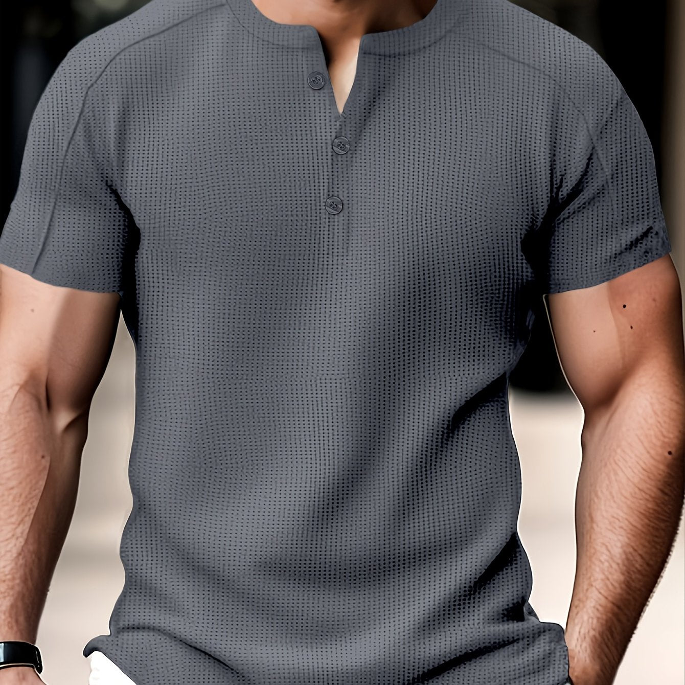 Men'S Long-Sleeve Henry Shirt in Knitted Waffle Style, Featuring Stylish Buttons And a Solid Color, Perfect for High-Quality Casual Outdoor Wear in Spring And Summer.