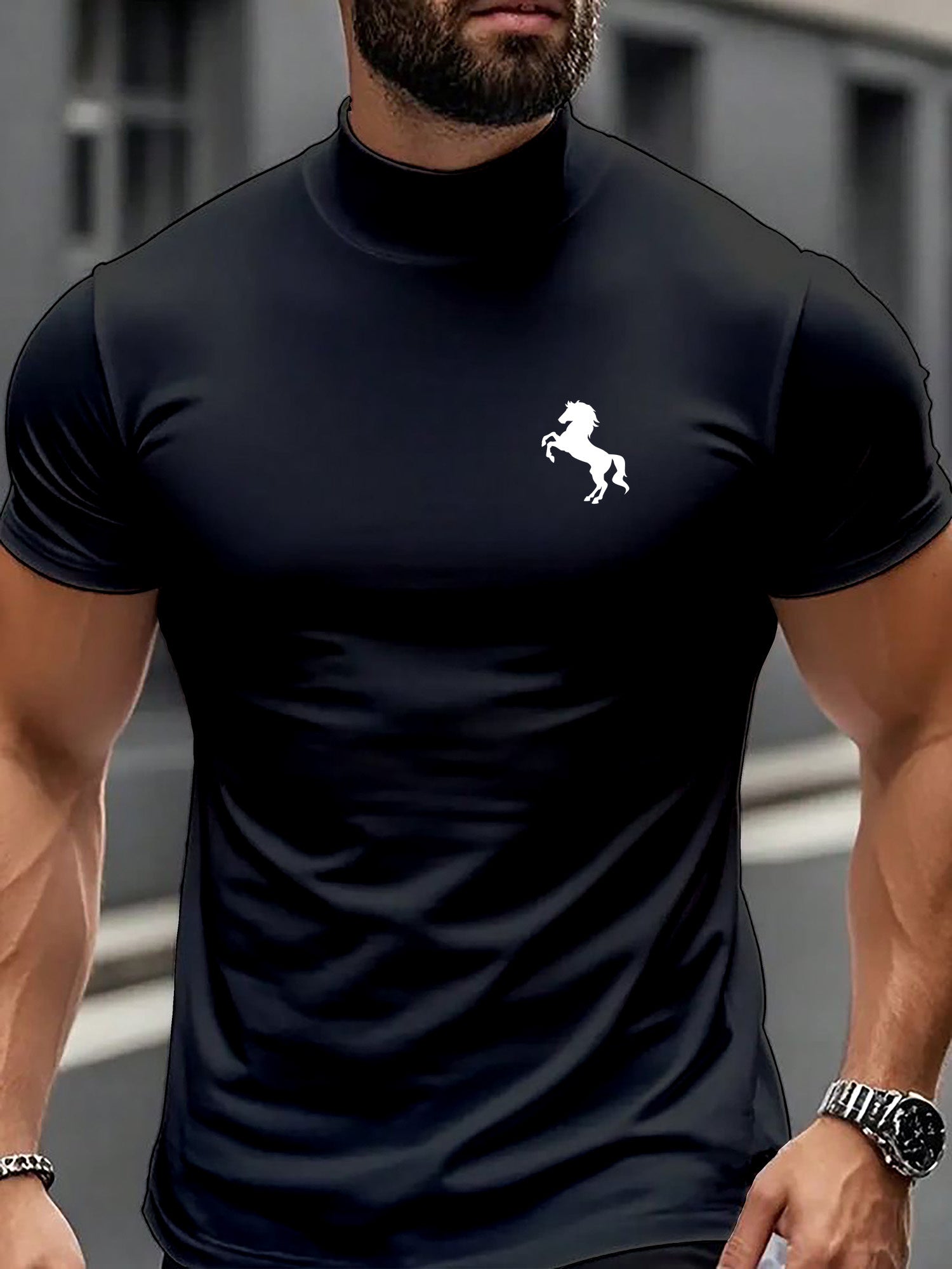 Men'S Casual High Neck Short Sleeve T-Shirt | Fashionable Easy Creative Horse Pattern for Fitness and Running, Medium Stretch Fabric, All-Season Wear - ayq