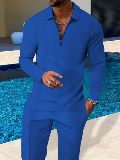 Summer Men's Casual Suit Solid Color Long Sleeve Top Long Pants Half Zipper Lapel Men's Suit Lightweight Breathable Street Casual Peplum Suit