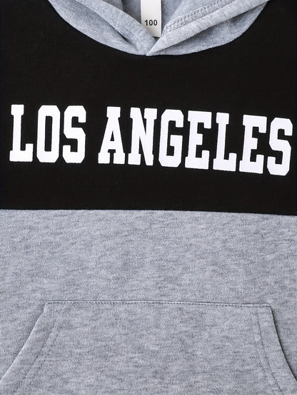 2pcs Boys' Autumn/Winter Fleece-Lined Hooded Sweatshirt and Pants Set, Simple Letter Print Fashion Classic Outfit for Outdoor Sports and Casual Wear, 100% Polyester Knit Stretch Fabric, Ideal Gift Choice for Kids, Perfect for