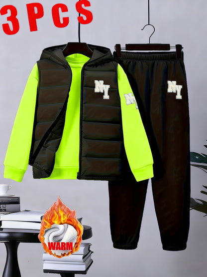 3pcs Boys' Winter Warm Uniform Set - NY Logo Lettered Jacket, Sweatshirt & Pants with Numbered Parch-Like Strips (8-12 Years) | Machine Washable 3pcs Outfit for, & Cold Weather | Non-Stretch Layered Clothing, Perfect for Outd