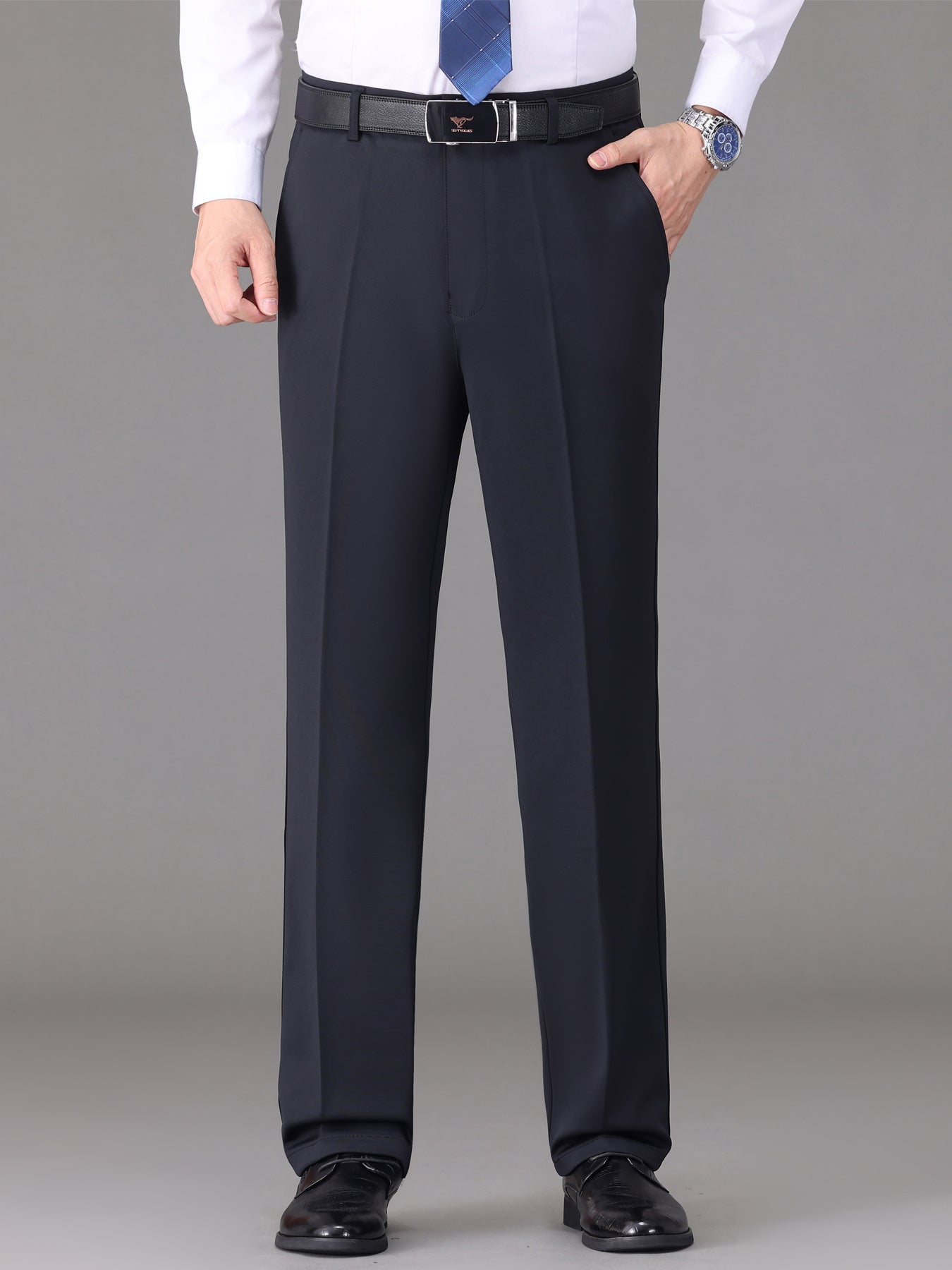 [Lightweight Design] Men's High-Waist Stretch Dress Pants - Wrinkle-Resistant, Dark Blue Business Casual with Pockets, Straight Leg Fit for Spring/Fall