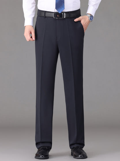 [Lightweight Design] Men's High-Waist Stretch Dress Pants - Wrinkle-Resistant, Dark Blue Business Casual with Pockets, Straight Leg Fit for Spring/Fall