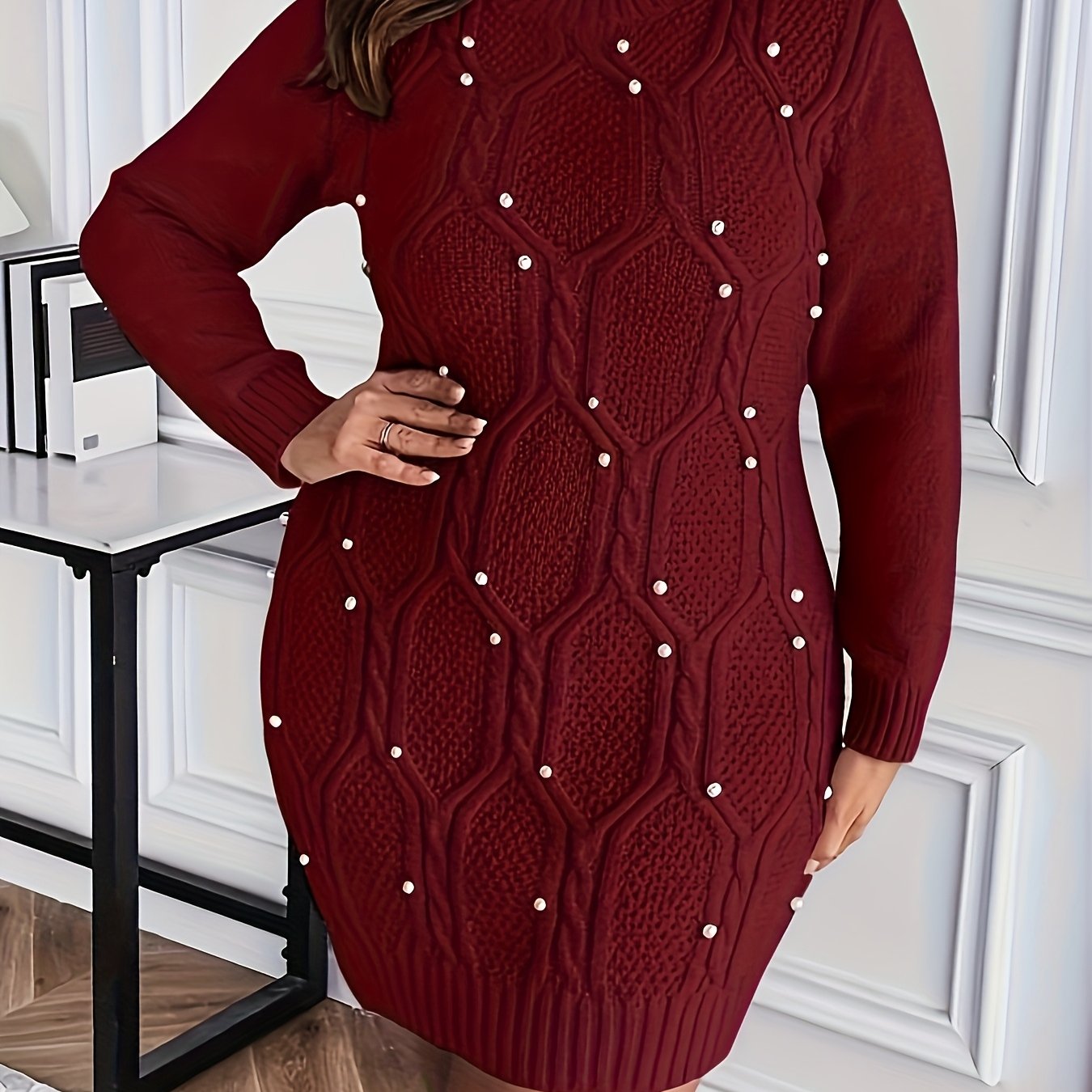 Plus Size, Plus Size Burgundy Pearl-Adorned Oversized Sweater Dress - Winter Warm Long Sleeve Round Neck A-Line, Christmas Party Wedding Guest Dress, Machine Washable Cozy -Like Tunic