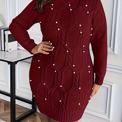 Plus Size, Plus Size Burgundy Pearl-Adorned Oversized Sweater Dress - Winter Warm Long Sleeve Round Neck A-Line, Christmas Party Wedding Guest Dress, Machine Washable Cozy -Like Tunic
