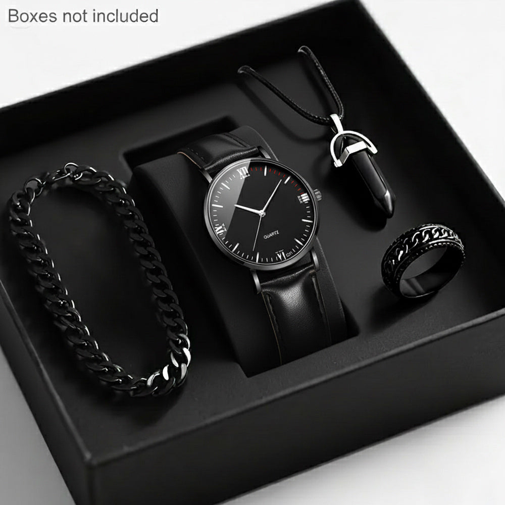 Men'S Luxury Quartz Wristwatch and Jewelry Set | Black Analog Watch with Dual Display, Includes Matching Bracelet, Necklace, and Ring - Ideal for Birthdays, Christmas, Ramadan