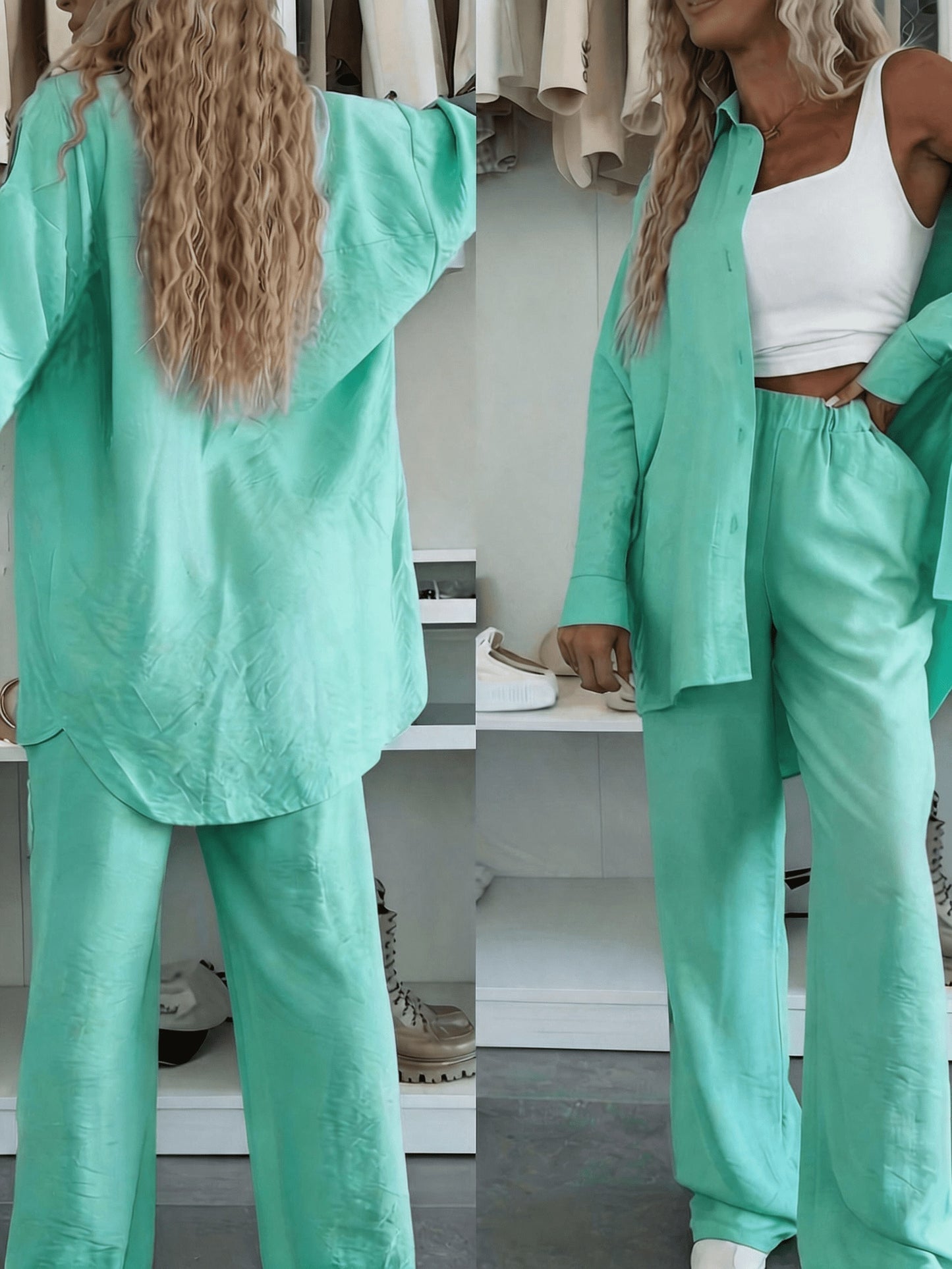Women's Loose Shirt & Wide-Leg Pants Set - Elegant Polyester