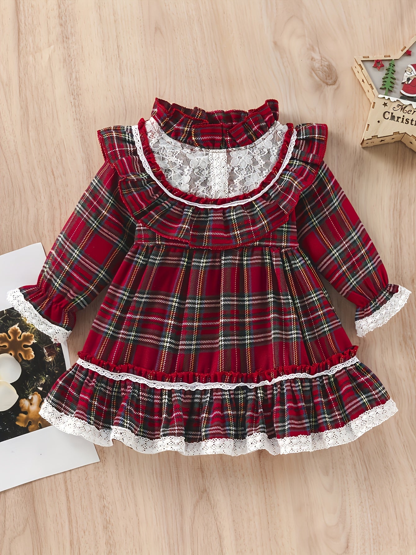 Girls' Plaid Tartan Puffed Sleeve High-Low Neck Ruffled Hem Dress with Ruffled Collar & Lace Trim - Plaid Princess Party Dress with Skirt, Machine Washable Winter Formal & Everyday Outfit for Christmas, New Year's, Easter - S
