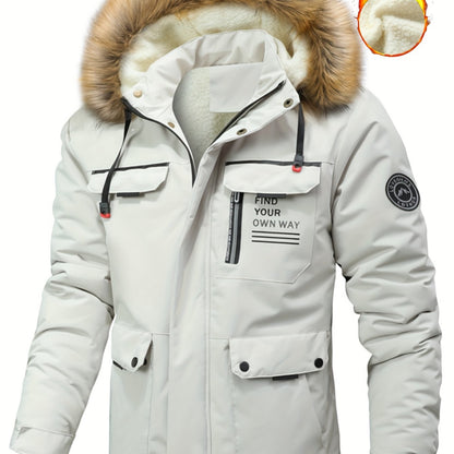 Men'S Winter Hooded Jacket with Fleece Lining - Thickened Zip-Up Coat, Multiple Pockets, Detachable Hood, Olive Green, Casual Sporty Style for Cold Weather, Winter Jacket, Durable Outerwear, Winter Coat Men, Coat With Variabl