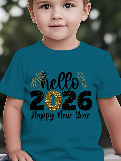 Boys' 2026 New Year'S Eve Party T-Shirt - Hello 2026 Happy New Year Fireworks Print with Golden & Lettering - Lightweight Summer Tee for Birthday Party Outfit, New Year'S Eve Celebration - Easy-care Kids Shirt, New Year T Shi