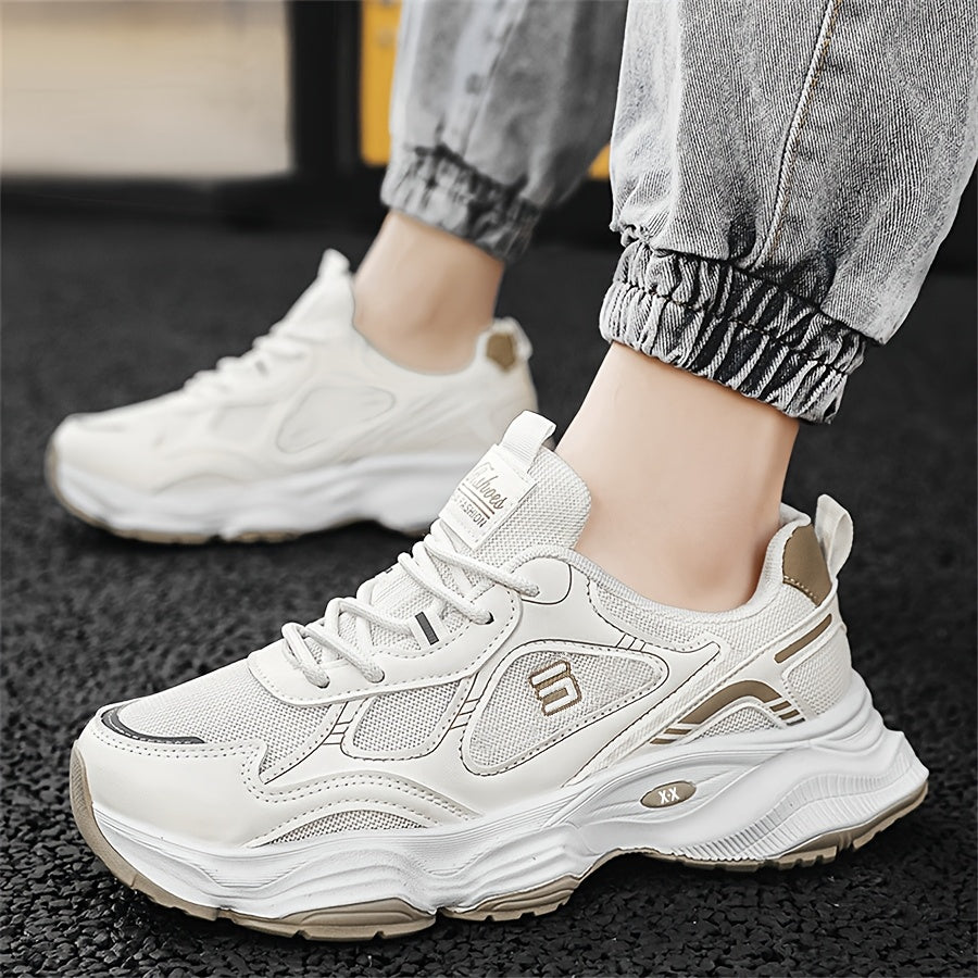 Men'S 2025 New Fashionable Low-Top Sneakers with Thick Sole - Non-Slip, Outdoor Casual Shoes for Teenagers and Young Adults, White and Golden Accents, All-Season Comfort, Casual Footwear   Modern Sneaker Design   Rubber Base