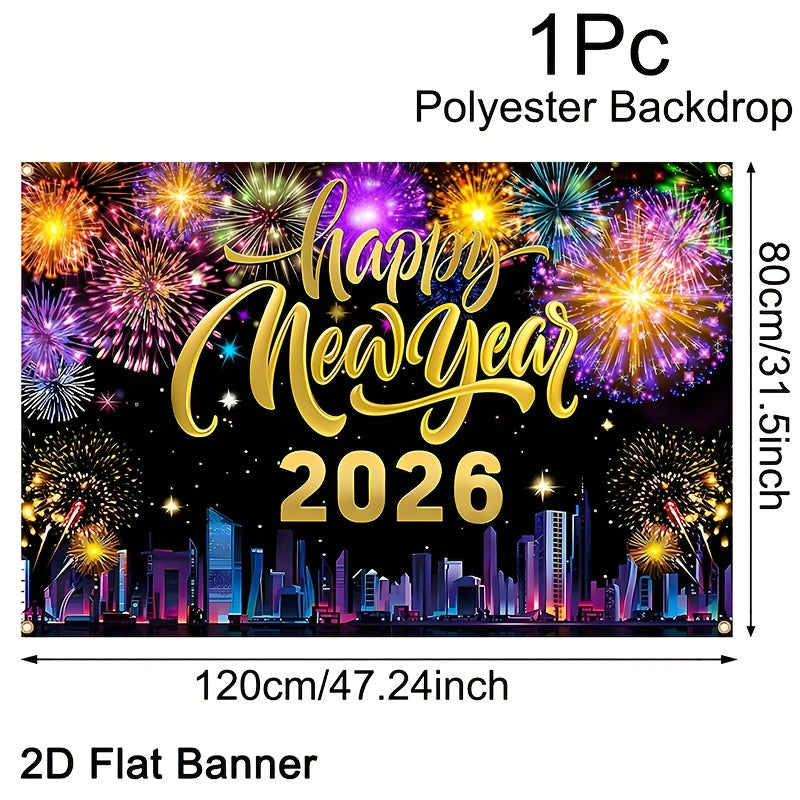 2D Flat, 1pc 2026 Happy New Year Party Backdrop Banner - 80x120cm Polyester Champagne & Cityscape Design, Golden & Purple Fireworks, Festive New Year'S Eve Decor for Home, No Electricity Needed, New Year Decorations, Flag For