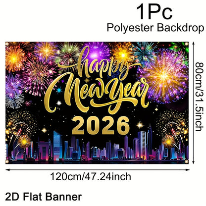 2D Flat, 1pc 2026 Happy New Year Party Backdrop Banner - 80x120cm Polyester Champagne & Cityscape Design, Golden & Purple Fireworks, Festive New Year'S Eve Decor for Home, No Electricity Needed, New Year Decorations, Flag For
