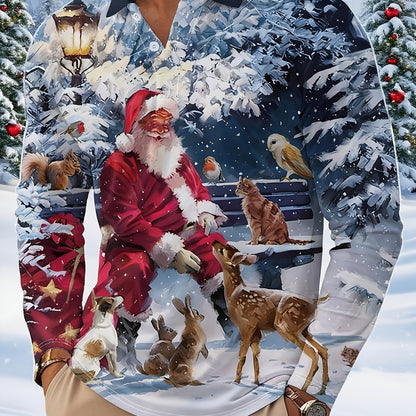 Men'S Long Sleeve Polo Shirt with 3D Santa Claus & Snowman Print - Festive Christmas Design, Button-Up Collar, Regular Fit, Perfect for All Adults & Teens, Casual Holiday Wear, Christmas Shirts, Z
