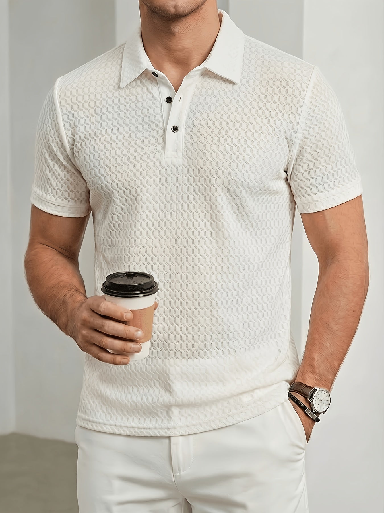 Men's Breathable Waffle Knit Polo Shirt, Summer Casual Work Tee