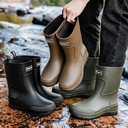 Men's Mid-Calf Rubber Rain Boots - Durable Non-Slip Outdoor Shoes