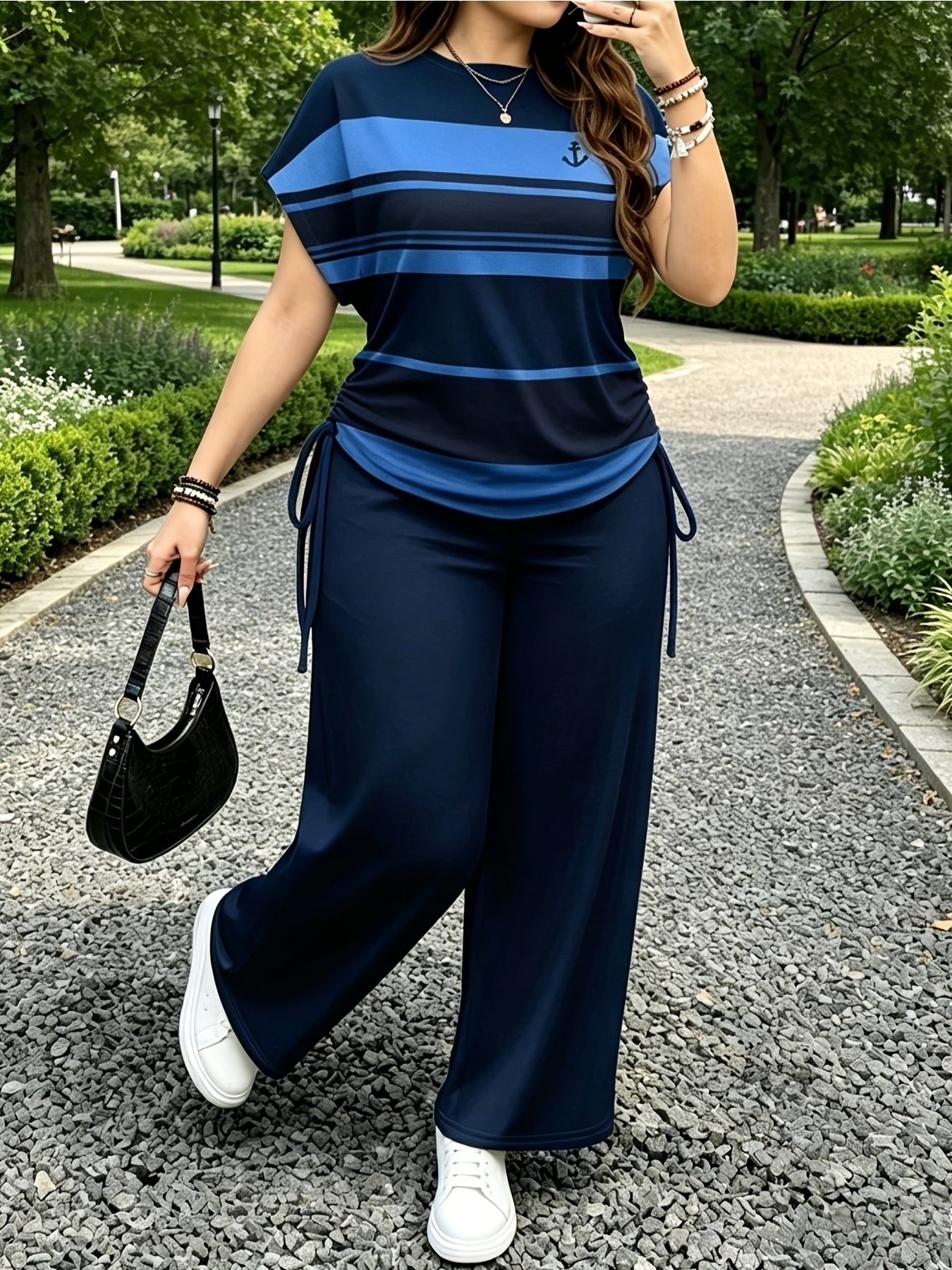 Women's Casual Two-Piece Set with Striped Bow Drawstring