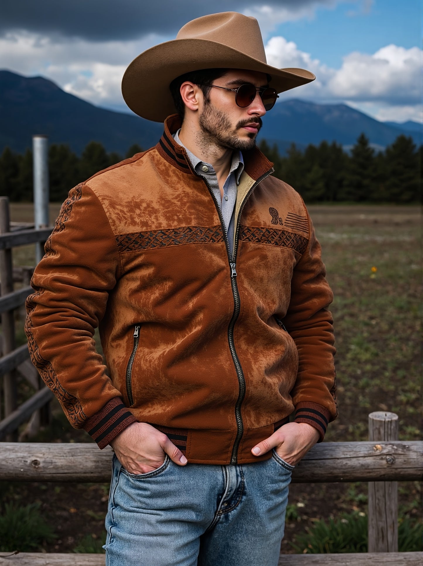 Men's Winter Fleece Jacket with Ribbed Cuffs and Stand Collar