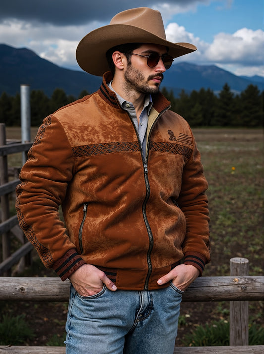 Men's Winter Fleece Jacket with Ribbed Cuffs and Stand Collar