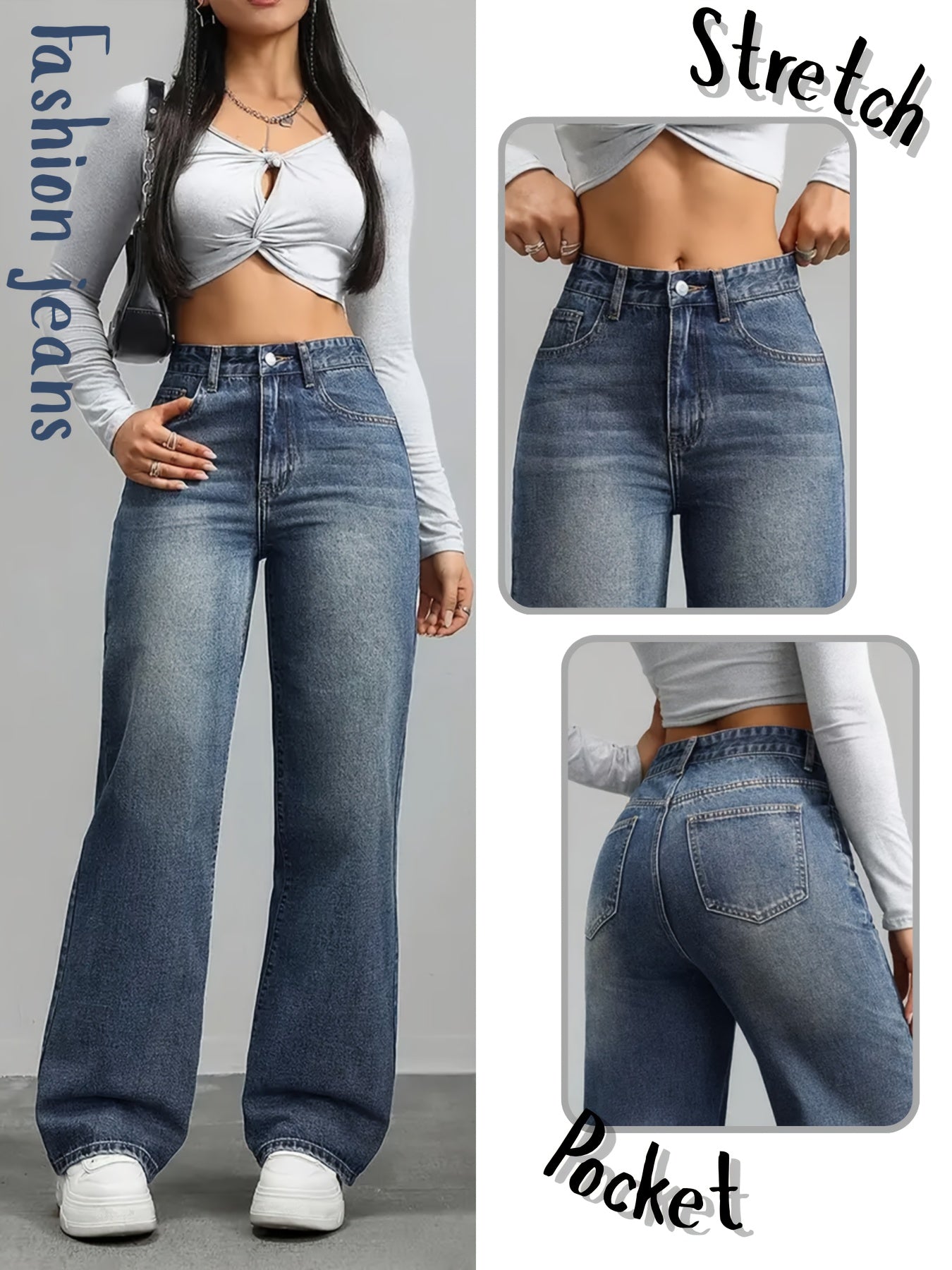 Women’s Slim Fit Washed Blue Straight Leg Denim Jeans
