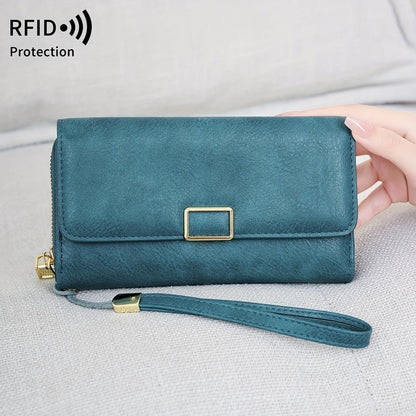 MIYIN Women's Vintage RFID Blocking Large Capacity Wallet with Wrist Strap - Tri-Fold  Handbag, Zipper Pocket & ID Slot, Multi-Card Holder (Credit/Debit) - Solid for Professional & Everyday Use