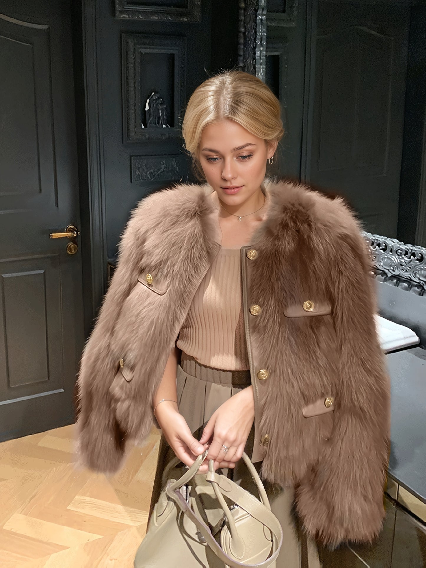 Women'S Elegant Faux Fur Coat - Chic Long Sleeve, Button-Up Front, Loose Fit, Solid Color, Perfect for Fall/Winter Casual Outings, Stylish Outerwear | Chic Long Sleeve | Sleek Design, Fur Coat For Women Winter, Fur Coat Women